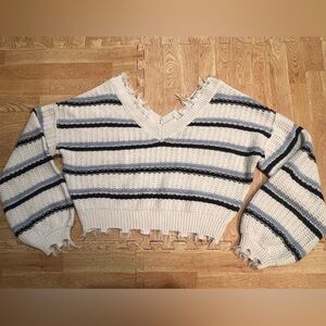 Rue21‎ Womens Cropped Striped Sweater V-Neck Distressed Frayed Hem Cream Small